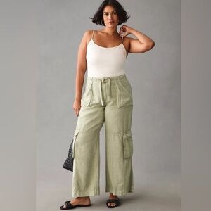 Anthropologie Pilcro Beach Cargo Linen Blend Wide Leg Pants Moss Green 24W Plus